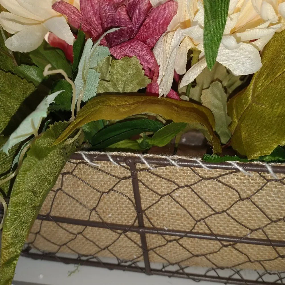 Hand Crafted Floral Table Centerpiece Fall Chrysanthemum Mauve White Basket